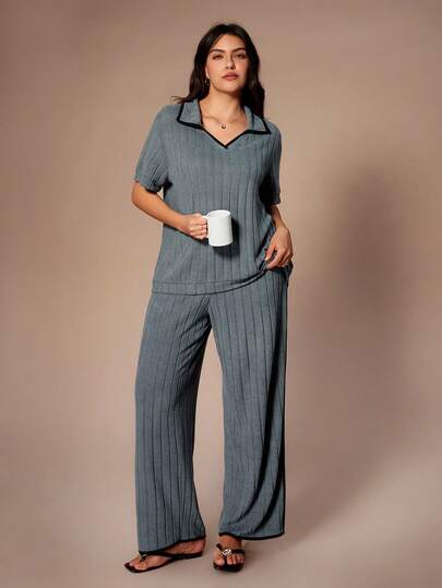 Lazeform 大码V领休闲磨毛短袖上衣和裤子家居服套装，显瘦，春夏款