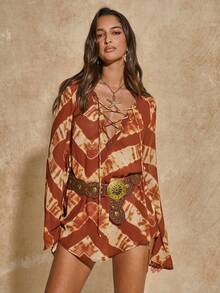SHEIN BAE Damen V-Ausschnitt Bindeträger Langarm Boho Blume Muster Chiffon Minikleid, geeignet für Strandurlaub, Resortmode, Chiffon bedrucktes Kleid, Boho-Kleid, Musikfestival, ideal für Urlaub, Strand und Küstenmode - Braun - Übersicht 3