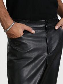 TOKVUE Manfinity Streetrush 美式街头风 PU 皮革黑色靴型休闲裤，男友礼物，男士裤子，皮裤，男士街头宽松皮裤，黑色裤子 - 黑色 - 查看 5