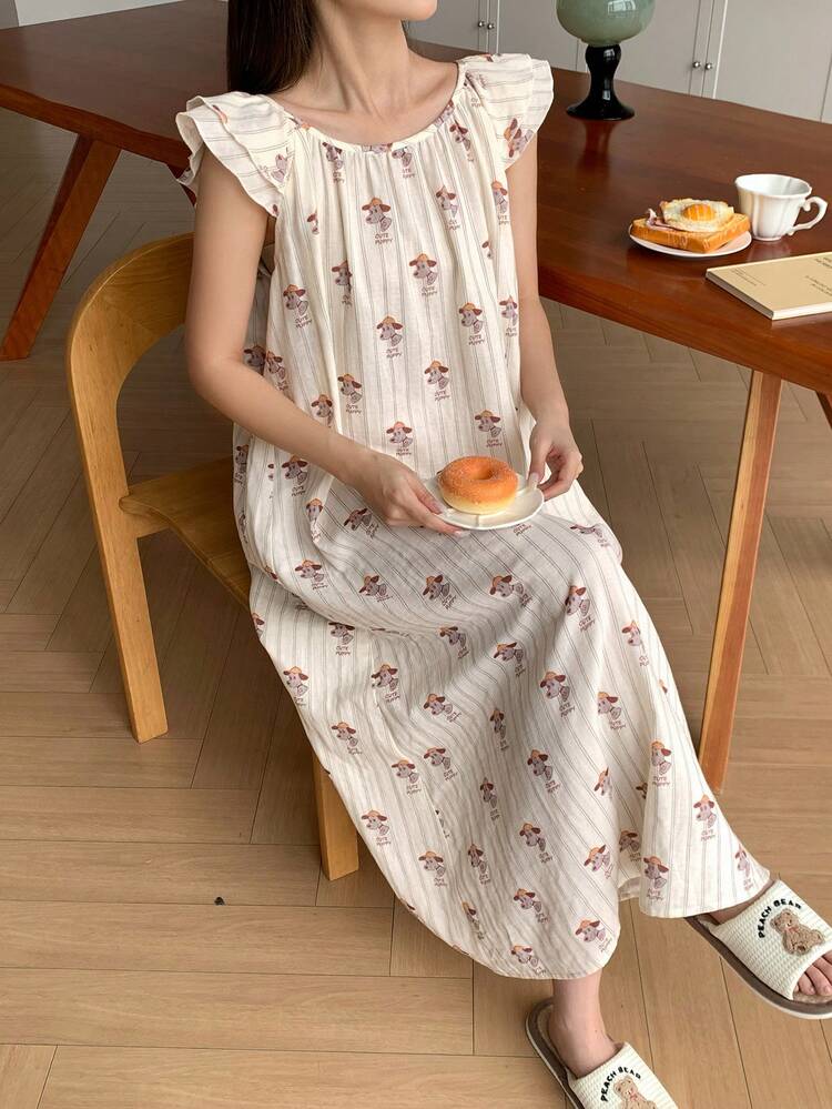 Cute Striped Puppy Print Ruffle Hem Long Nightgown For Women