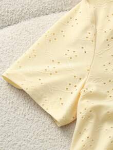 Franclia Women's Pale Yellow Summer Elegant Vacation T-Shirt,Short-Sleeved Drawstring Slim-Fitting Textured Fabric Blouse,Knitted Hollow-Out Embroidery Top - Yellow - View 5