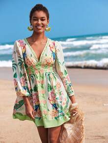 Travachic 女士V领七分袖印花迷你连衣裙，度假风，春夏款 - 彩色 - 查看 3