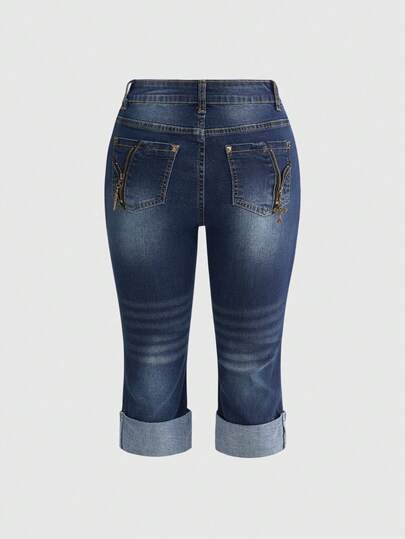 ROMWE بنطلون كابري جينز مرتفع الخصر للنساء، جيوب رجعية وسحاب للزينة، أذيال مطوية، ملابس صيفية كاجوال، بنطلون جينز ضيق منخفض الخصر للنساء