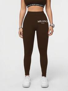 SHEIN Essnce Casual Regular Fit Chocolate Brown Long Leggings With Letter Pattern For Women Leggings Women - Chocolate Brown - View 4