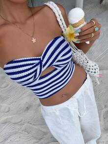 SHEIN Tall Blue & White Striped Knit Jacquard Fabric Cropped Backless Button Hollow Out Fitted Camisole Top, Tall Women Spring/Summer , Vacation Beach Elegant Sweet Cute Romantic Commute Casual Date Versatile - Blue - View 6