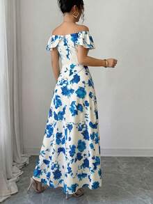 Elenzga Ruffled Waist A-Line Ditsy Floral Elegant French Style Dress - Blue - View 2