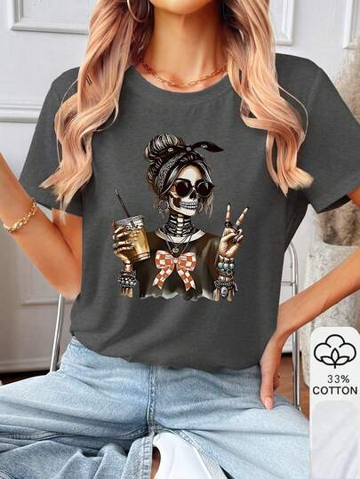 INAWLY Women's Fitted T-Shirt With Skull Girl Graphic Print, Casual Summer Top