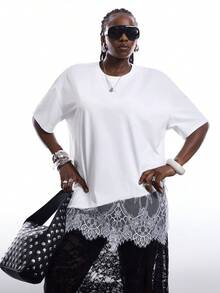 LYSMO 大码不对称下摆蕾丝宽松短袖T恤，夏季上衣，不对称蕾丝上衣，女士超大码T恤 - 白色 - 查看 7