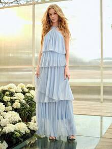 MOTF PREMIUM WOMEN'S ROMANTIC ELEGANT RUFFLE TIERED DRESS, SPRING/SUMMER - Blue - View 3