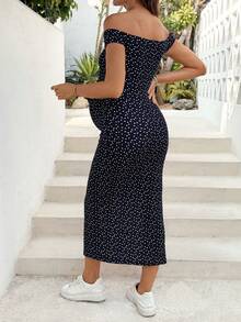 SHEIN Pregnant Women's Casual Heart Print Off-Shoulder Split Dress, Summer - Royal Blue - View 2