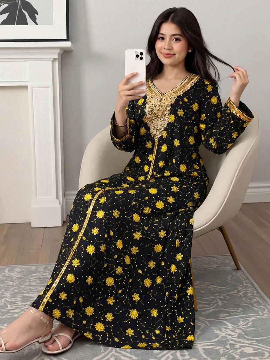 SHEIN Kids Teen Girl Floral Print Pattern Gold Ribbon Loose Casual Dress Embroidered Neckline Dress Long Modest Dresses Black And Yellow Dress Floral Print Dress Embroidered Dress Black Gold Dress Sunflower Floral Print Dress Ladies Floral Dress Black Dress With Yellow Flowers Ladies Dress Long Sleeve Dress,Kids - Black - View 1