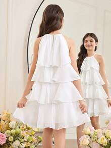 SHEIN Vestido de niña preadolescente de cuello halter suelto y elegante, sin mangas, con volantes en el bajo, de longitud media, adecuado para bodas, vacaciones y fiestas - Blanco - Ver 2
