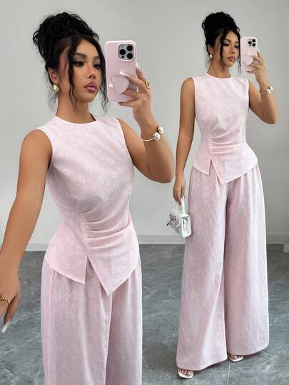 Elenzga Women's Pink Round Neck Sleeveless Pleated Split Asymmetrical Hem Camisole & High Waist Wide Leg Pants Set, Elastic Cinched Waist Design, Fashionable, Elegant, Youthful