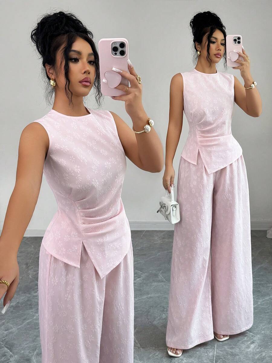 Elenzga Women's Pink Round Neck Sleeveless Pleated Split Asymmetrical Hem Camisole & High Waist Wide Leg Pants Set, Elastic Cinched Waist Design, Fashionable, Elegant, Youthful - Pink - View 1