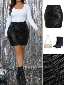 SHEIN LUNE Váy ôm sát màu trơn cỡ lớn, váy đen mặc thường ngày cho phụ nữ mặc trong ngày lễ Tạ ơn năm mới - màu đen - Xem 10