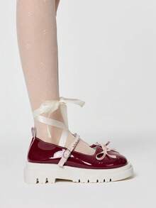 ROMWE Kawaii Women's Fashionable Sweet Bow Decor Lace-Up Flats - Red and pink color matching - View 4