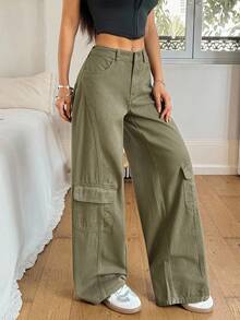 Rivivi 女士工装口袋阔腿宽松休闲百搭牛仔裤 - 軍綠色 - 查看 5