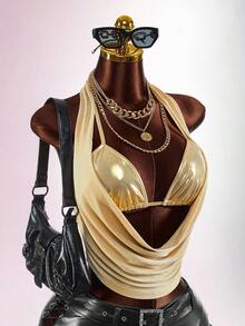 Amplova Women's Fashionable Sexy Metal Halter Backless Blouse - Gold - View 4