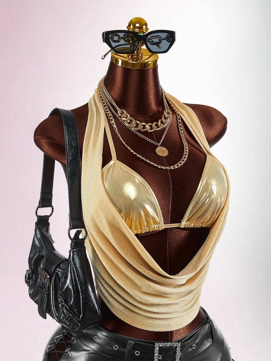 Amplova 女士时尚性感金属吊带露背上衣 - 金色 - 查看 1