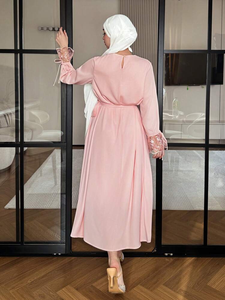 Women's Elegant Lace Patchwork Belted Long Dress, Spring/Summer,Wedding Guest Dress Women Sundress