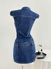 Elamini 女士翻领单排扣修身约会派对牛仔连衣裙 - 深色水洗藍 - 查看 2