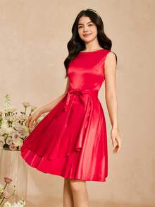 Satin Formal Dress For Teenagers, Teen Girl Taffeta Party Dress, Celebratory Red Banquet Dress For Teen Girl - Red - View 5