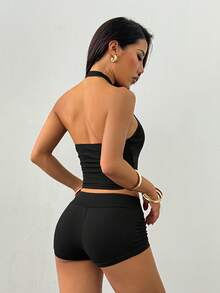 SHEIN PETITE Bộ đồ ngủ 2 món dành cho nữ gồm áo hai dây và quần short - màu đen - Xem 3