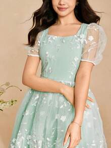 Teen Girl Floral Embroidered Mesh Square Neck Petal Sleeve Elegant Party Dress - Green - View 7