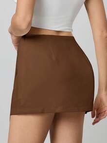 SHEIN Tall 女士纯色简约日常裹身白色半身裙 - 棕色 - 查看 3