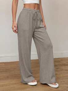 SHEIN PETITE 女士夏季新款针织纹理休闲裤，适合度假穿着，秋冬季居家休闲穿着。 - 灰色 - 查看 7