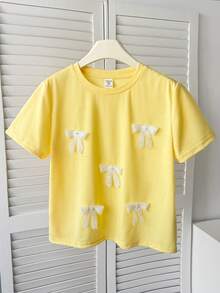SHEIN 少女可爱3D蝴蝶结黄色T恤，休闲百搭日常穿着 - 黃色 - 查看 5
