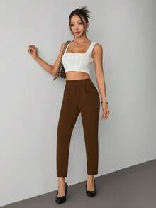 SHEIN PETITE Quần lửng nữ màu đen co giãn có túi - màu nâu - Xem 3