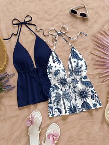 Soleia 2pcs Women Casual Backless Halter Sunflower & Coconut Tree Print Tie Front Camisole Set, Suitable For Summer, Beach, Chic, Travel, Matching Sister Outfits - Multicolor - View 6