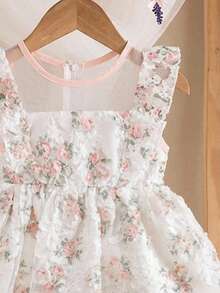 SHEIN 女婴优雅可爱碎花网纱无袖宽松连衣裙，夏季 - 粉色 - 查看 4