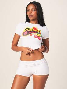 MISSGUIDED Sunkissed Cherry Crop Tee And Micro Booty Shorts Two Piece Outfit Set Summer Festival Graphic Matching Set - White - View 5