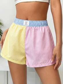 Comfortcana Women's Multicolor Striped Print Letter Patchwork Detail Shorts, Summer - Multicolor - View 8