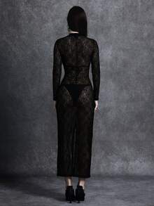 Glisette Women's Stand Collar Sexy Waist Cinched Midi Dress For Dates & Parties - Black - View 2