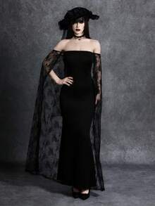 Glisette Vestido Sereia de Renda Ajustado com Ombros à Mostra Elegante, Vestido de Festa Formal Sexy e Justo - Preto - Visão 1