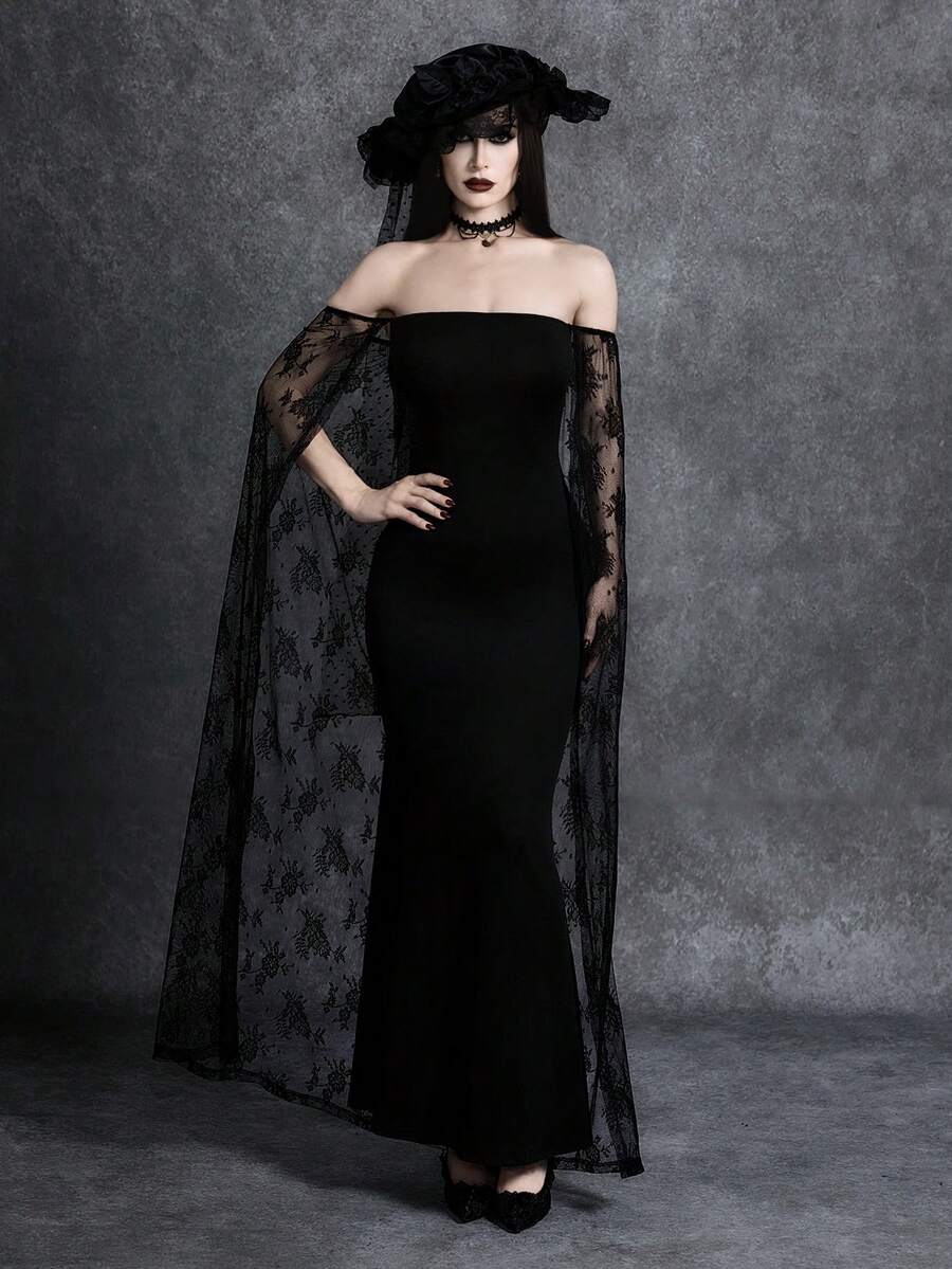 Glisette Vestido Sereia de Renda Ajustado com Ombros à Mostra Elegante, Vestido de Festa Formal Sexy e Justo - Preto - Visão 1