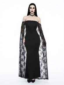 Glisette Vestido Sereia de Renda Ajustado com Ombros à Mostra Elegante, Vestido de Festa Formal Sexy e Justo - Preto - Visão 5