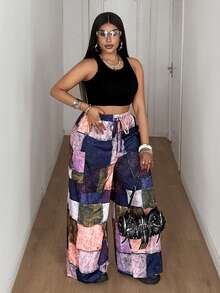 Maweii Quần ống rộng cỡ lớn kiểu vintage họa tiết hoa phối màu tương phản. - Nhiều màu - Xem 6