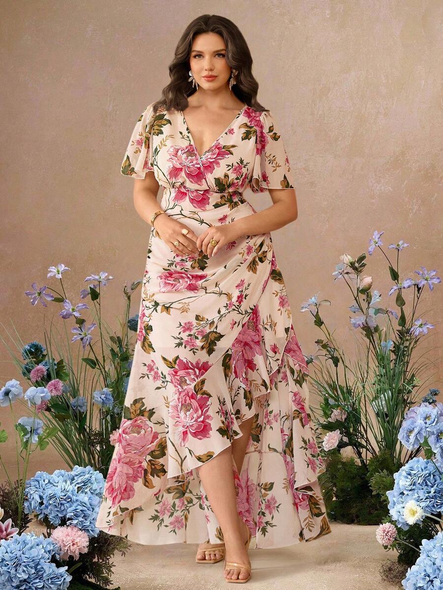 Roveilla Plus Size V-Neck Chiffon Floral Print Ruffle Sleeve Pleated Split Hem Flowy Elegant Vintage Maxi Dress For Party & Holiday - Pink - View 1