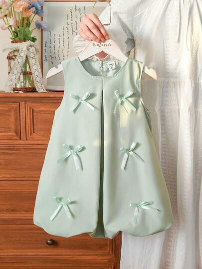SHEIN Playful Pals Young Girl Casual Bowknot Decor Sleeveless Princess Bubble Lantern Design Tank Dress, Summer