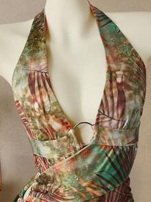 Nevyona Women's Green Summer Boho Tropical Beach Vacation Holiday Multi-Color Floral Print Halter Backless Mini Scarf Dress,Two Piece Set Resort Wear - Multicolor - View 3