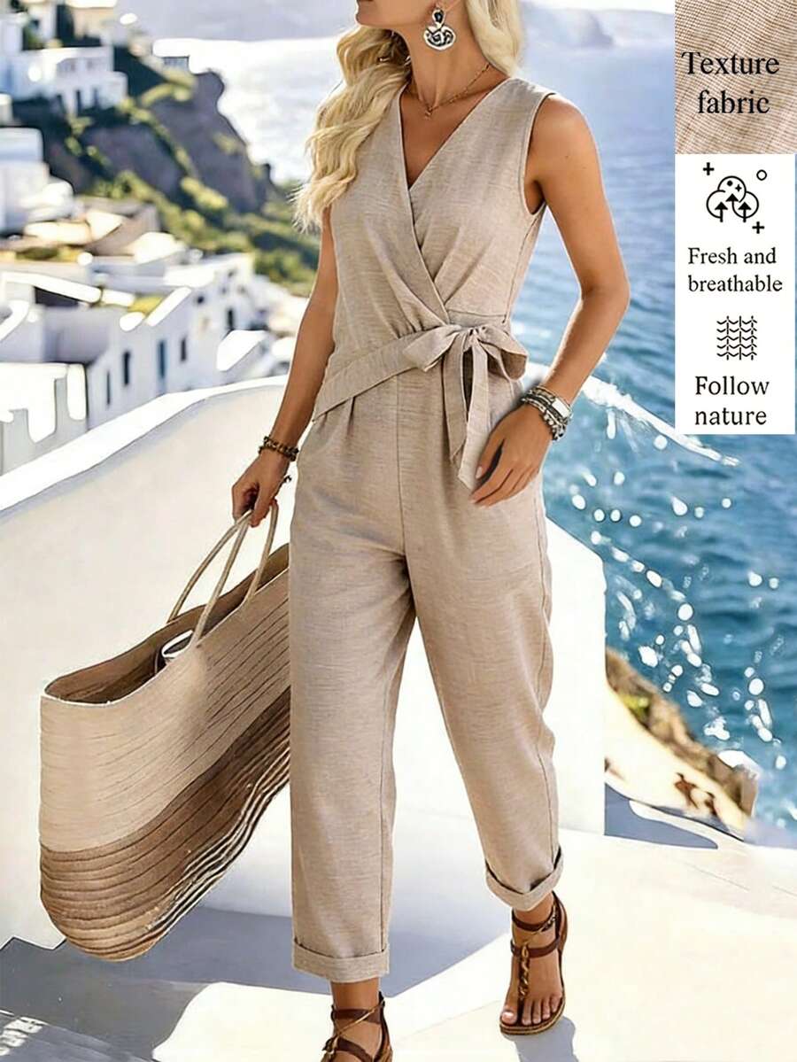 Breezaya New Summer Women's Jumpsuit, Casual Commute Women's Jumpsuit, Sleeveless V-Neck With Cross-Wrap Design, Tie Waist, Loose Straight Leg, Linen/Light Brown Fabric With Textured Texture, Women's Jumpsuit, Women's Vacation Wear, Women's Jumpsuit, Suitable For Outings, Women's Casual Jumpsuit - Brown - View 1