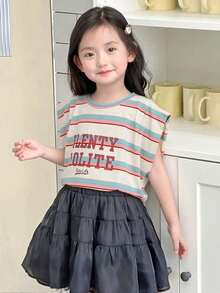 Dazy Kids 女童圆领条纹印花短袖T恤，夏季 - 彩色 - 查看 2