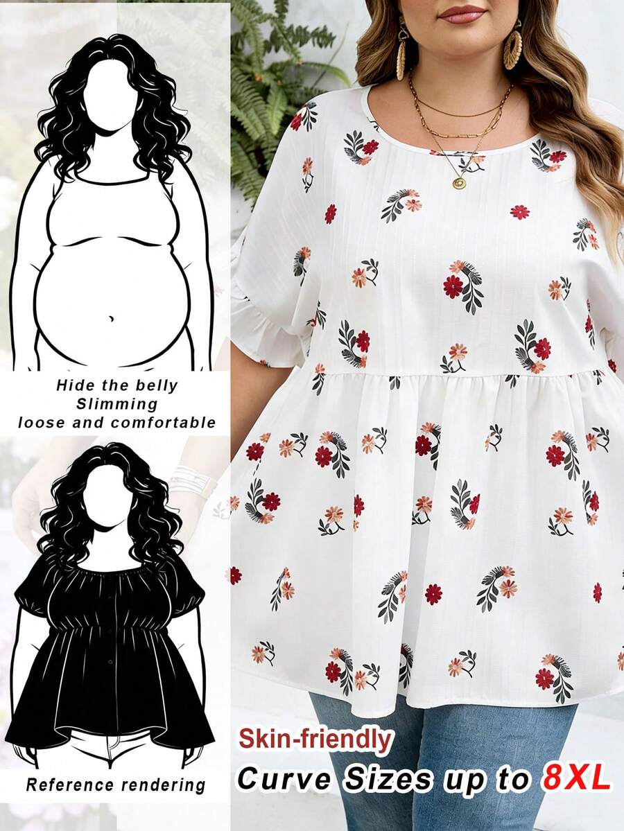 SHEIN CURVE+ Curve 尺码 US22 音乐节、海滨度假、波西米亚风撞色印花衬衫，适合夏季波西米亚度假 - 彩色 - 查看 1