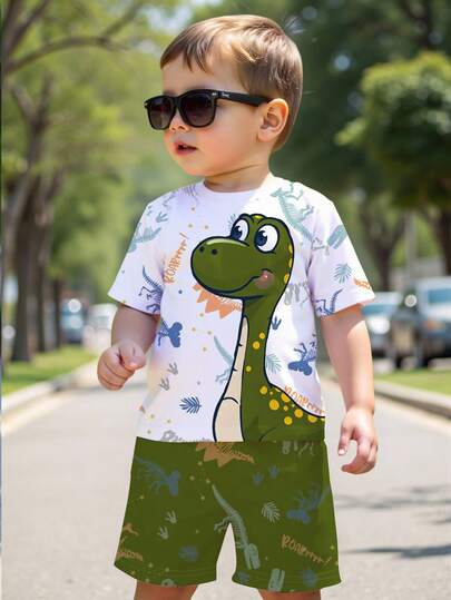 1 Set Conjunto de pantalones cortos de manga corta con estampado de dinosaurio de dibujos animados para niños pequeños, conjunto de ropa para bebé niño sin forro polar, uso diario casual, opción adorable para primavera/verano