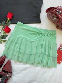 SHEIN EZwear 女士时尚不对称荷叶边腰部薄荷绿蛋糕裙 - 薄荷綠 - 查看 7