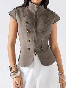 LYSMO 2026 New Arrive Minimalism Spring/Summer Women's Retro Mandarin Collar Jacket, Suitable For Commuting - Light Grey - View 4